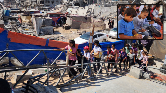 Gazzeli öğretmen mücadeleden vazgeçmiyor: Siyonist İsrail taarruzunda meskeni yıkılan Gazzeli öğretmen kurduğu çadır okulda öğrencilere eğitim veriyor