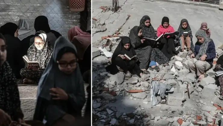 Filistinli çocuklar ramazan ayını yıkılan cami enkazında Kuran-ı Kerim okuyarak geçiriyor