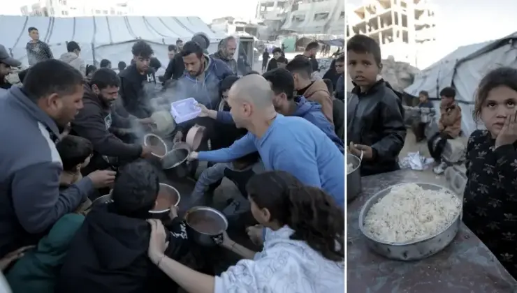 Gazze’de yerinden edilmiş Filistinlilere sıcak yemek dağıtımı yapıldı