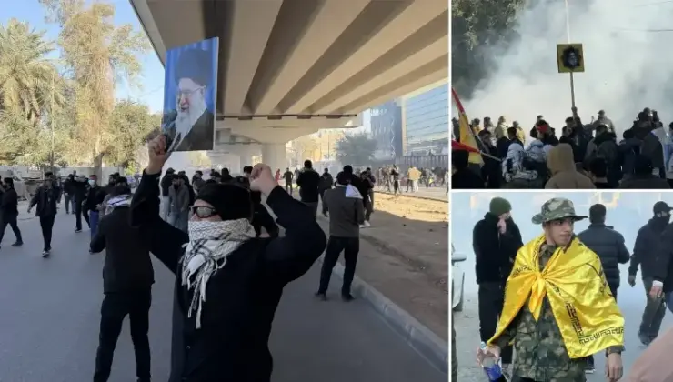 Bağdat’ta ABD aykırısı şov: Hamaney’in posterini taşıyarak trafiğe kapatılan Yeşil Bölge’ye girmeye çalıştılar