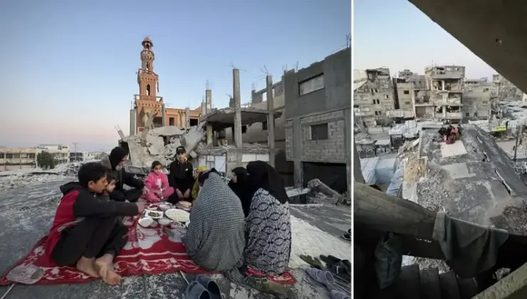 Filistinli aile Han Yunus’ta yıkılan konutlarının enkazında iftar yaptı