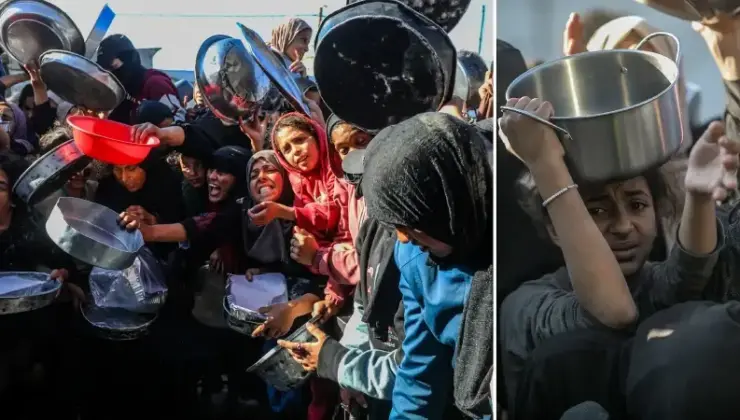 Gazze’de yerinden edilmiş Filistinlilere sıcak yemek dağıtıldı