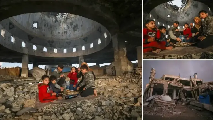 Gazzeli aile iftarını yıkılan Al-Şafii Camii’nin enkazında yaptı