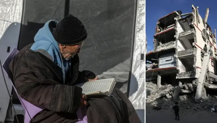 Han Yunus’ta yıkımın gölgesinde günlük ömür: Enkaz önünde Kur’an-ı Kerim okuyarak ibadetlerini sürdürüyorlar