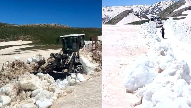 Hakkari’de yaz günü 3 metreyi bulan karda yol açma çalışması